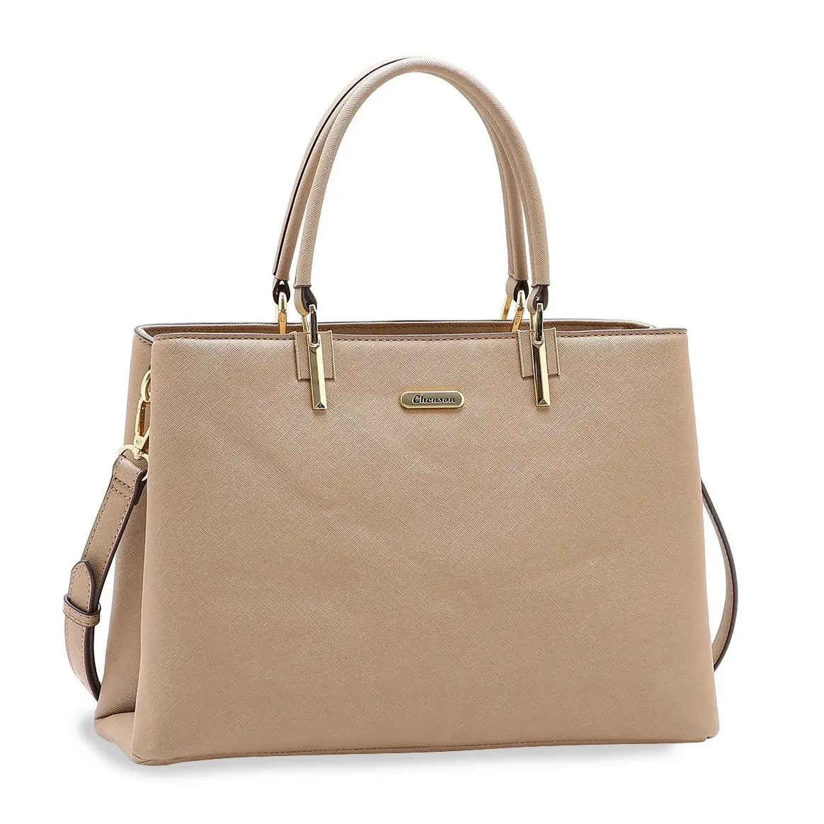 Bolsa feminina Chenson bege casual chic vista frontal com alças duplas e detalhes dourados